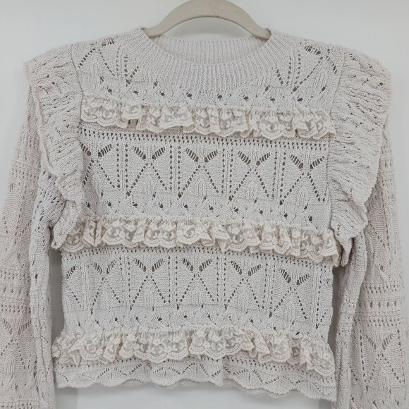Zara Pointelle Ruffled Knit Top Sweater Size Small Ecru Cream Lace Trim Coquette - Picture 4 of 12